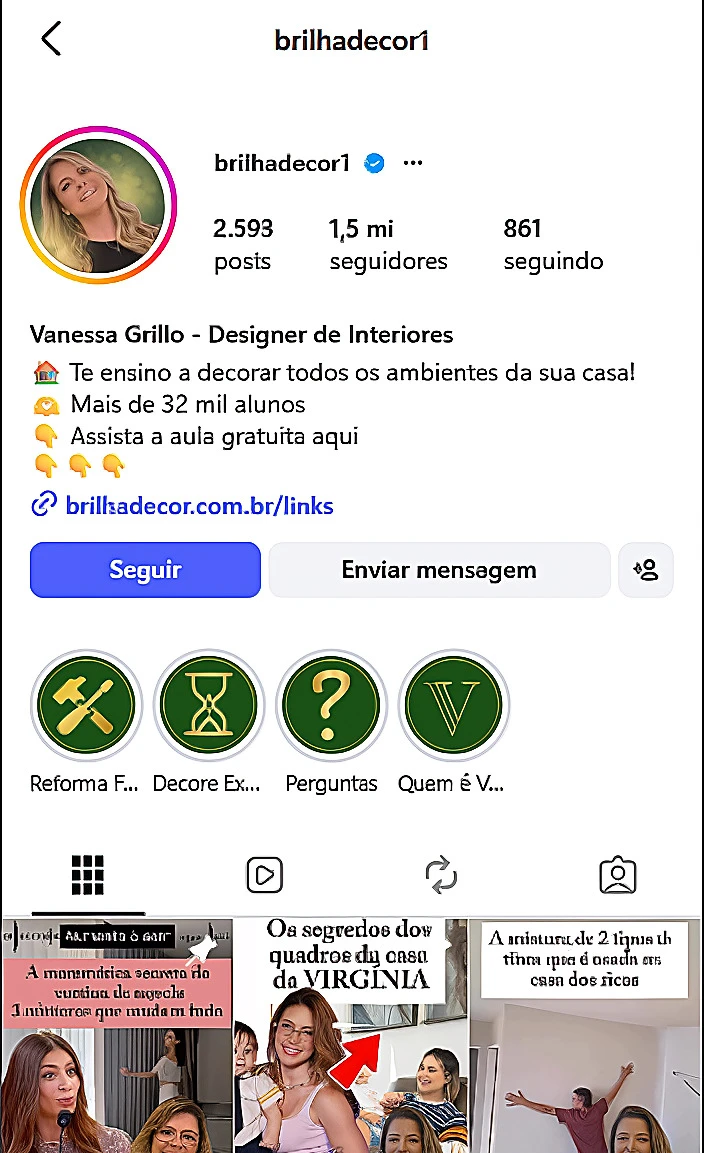 Perfil do Instagram brilhadecor1 com 1,5 milhão de seguidores
