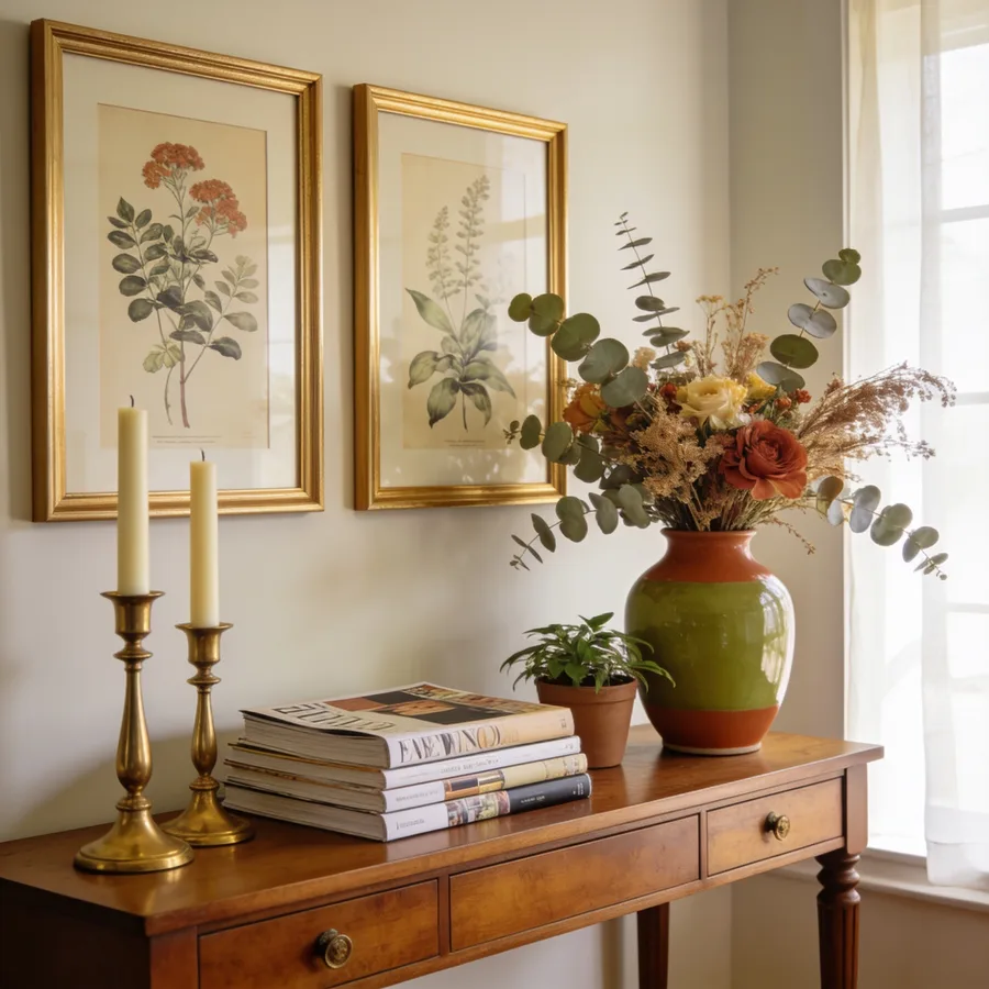 Aparador decorado com quadros botânicos, castiçais dourados e vaso de flores secas